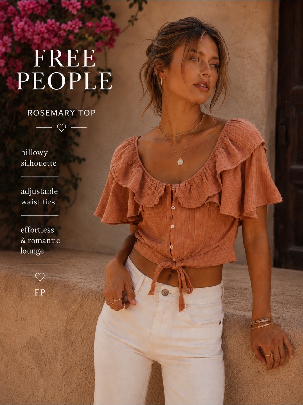 Free People Rosemary Tie Waist Crop Top Small Orange Stripe Boho Ruffle Blouse Y